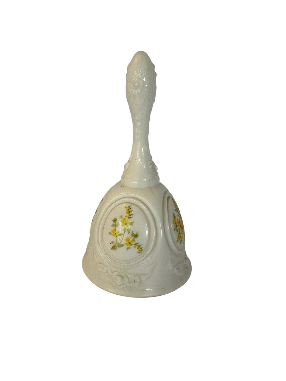 Fenton White Milk Glass Handbell with Yellow Floral Motifs.  Signed T. Budine